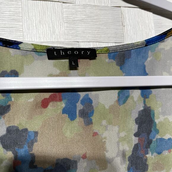 Theory Womens Silk Sleeveless Blouse Size Large Abstract Watercolor Ruffle Tank - Picture 6 of 12